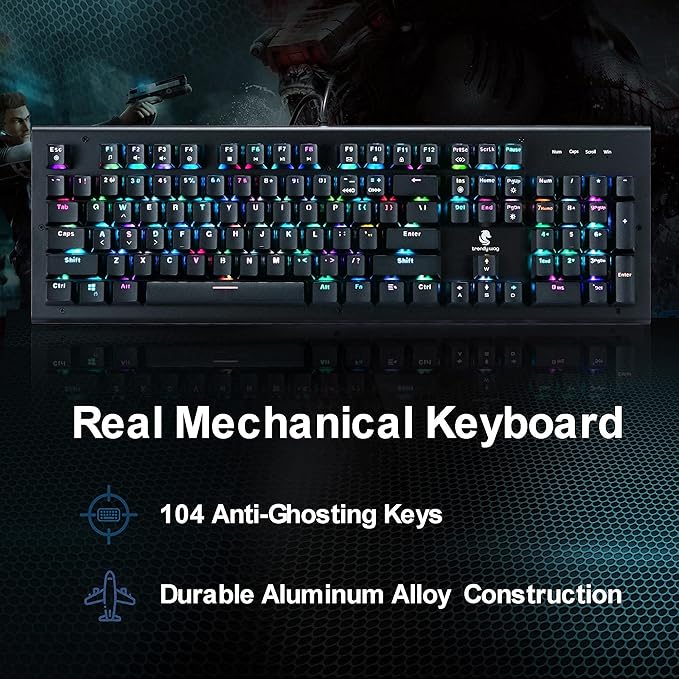 Trendy Wag Mechanical Gaming Keyboard – Full-Size, RGB Backlit, Aluminum Base, 104 Anti-Ghosting Keys - Image 2