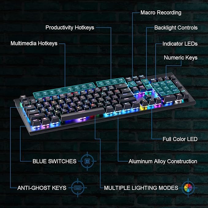 Trendy Wag Mechanical Gaming Keyboard – Full-Size, RGB Backlit, Aluminum Base, 104 Anti-Ghosting Keys - Image 4